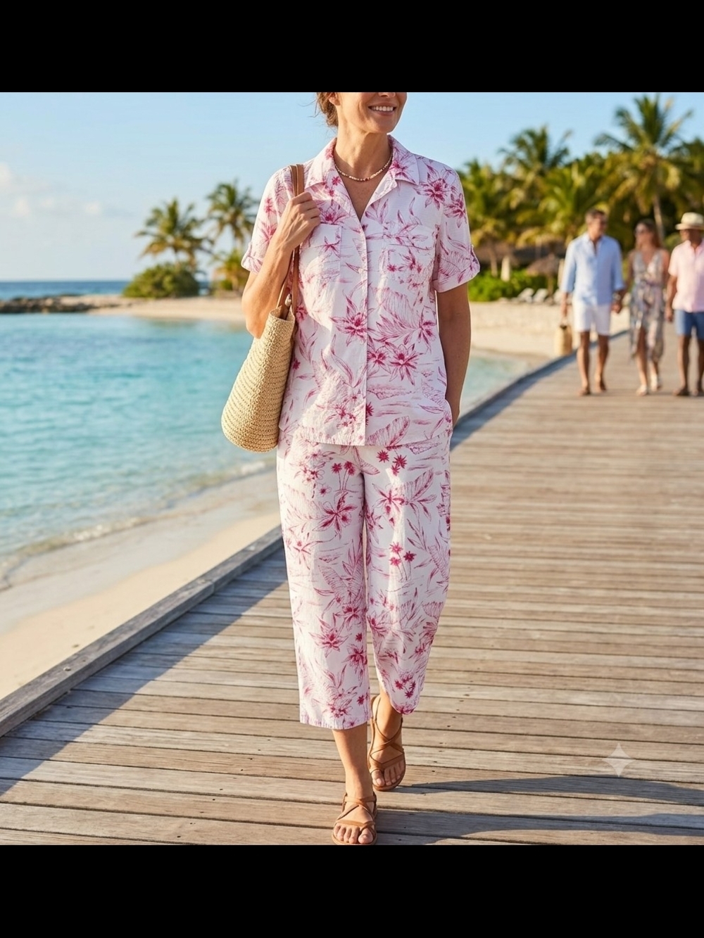 ​Villager Sport Liz Claiborne Tropical Floral 2-Piece Set Shirt Pants Pink White
